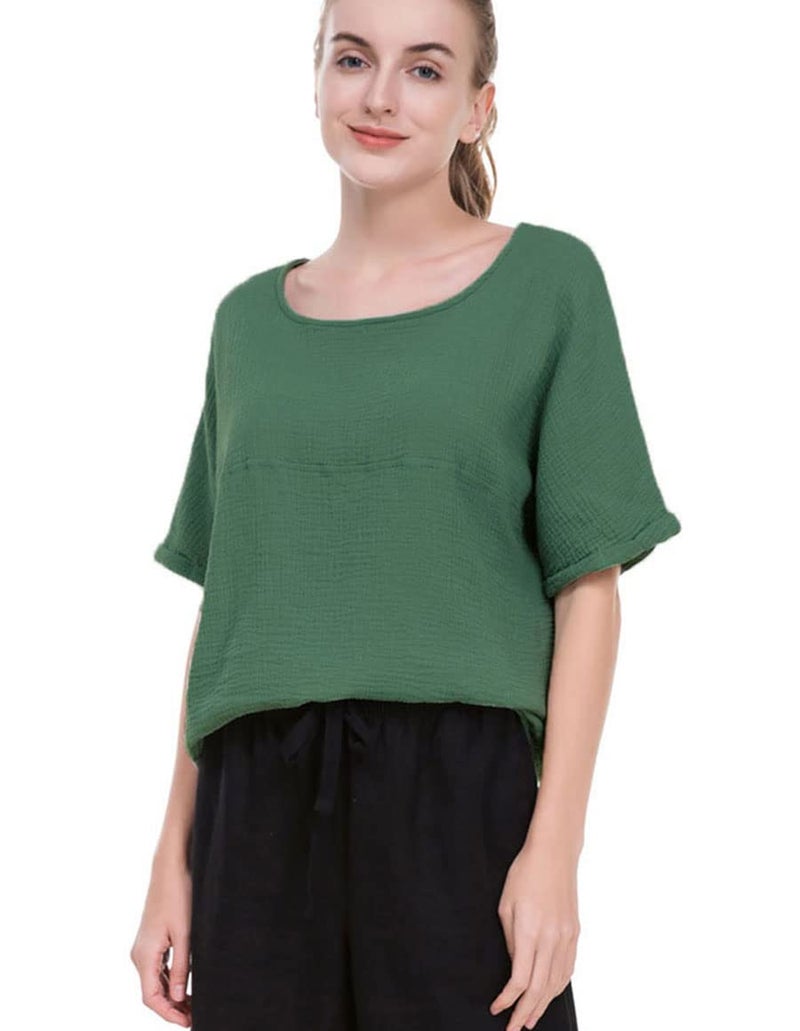 Soojun Women's Cotton Linen Round Collar Boxy Top Patchwork Blouses Green, Large - Image 3